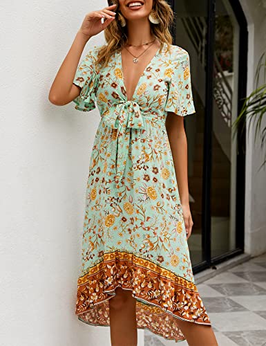 Zeagoo Womens Boho Floral Printed Maxi Dress Tie Front Deep V Neck Short Sleeve Dresses Light Blue #TOP3