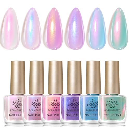 Born Pretty Pearl Nail Polish Set, 6 Colors Ombre Pearl Shimmer White Pink Purple Mermaid Nail Polish Quick Dry Spring Summer Finger Shell Glitter Nail Lacquer Set