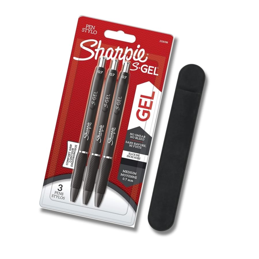 SharpieGel | Gel Pens | Medium Point (0.7mm) | Black Ink | 3 Count + Black Velvet Pen Case