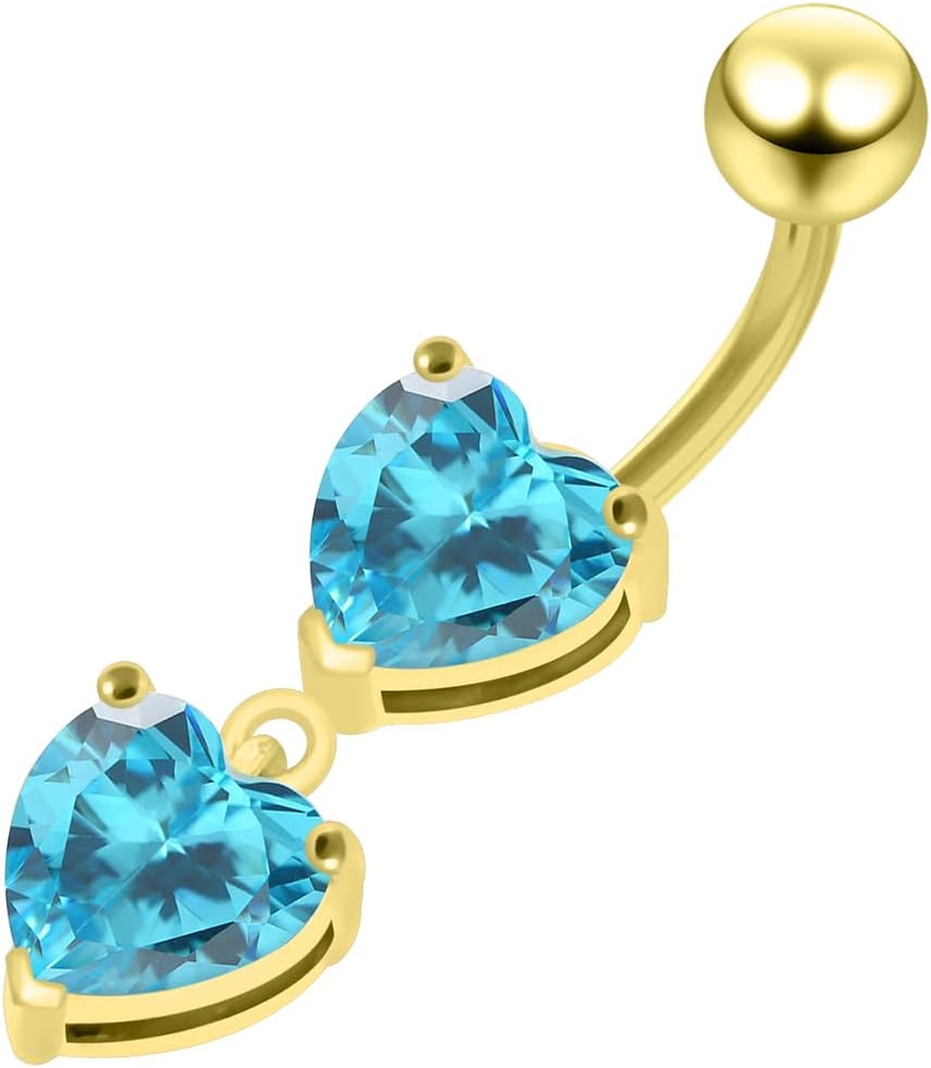 Cz Gemstones Gold Plated Double 6mm Heart Gems Dangling Design 925 Sterling Silver with Stainless Steel Belly Ring - Belly Button jewelry - Navel jewelry