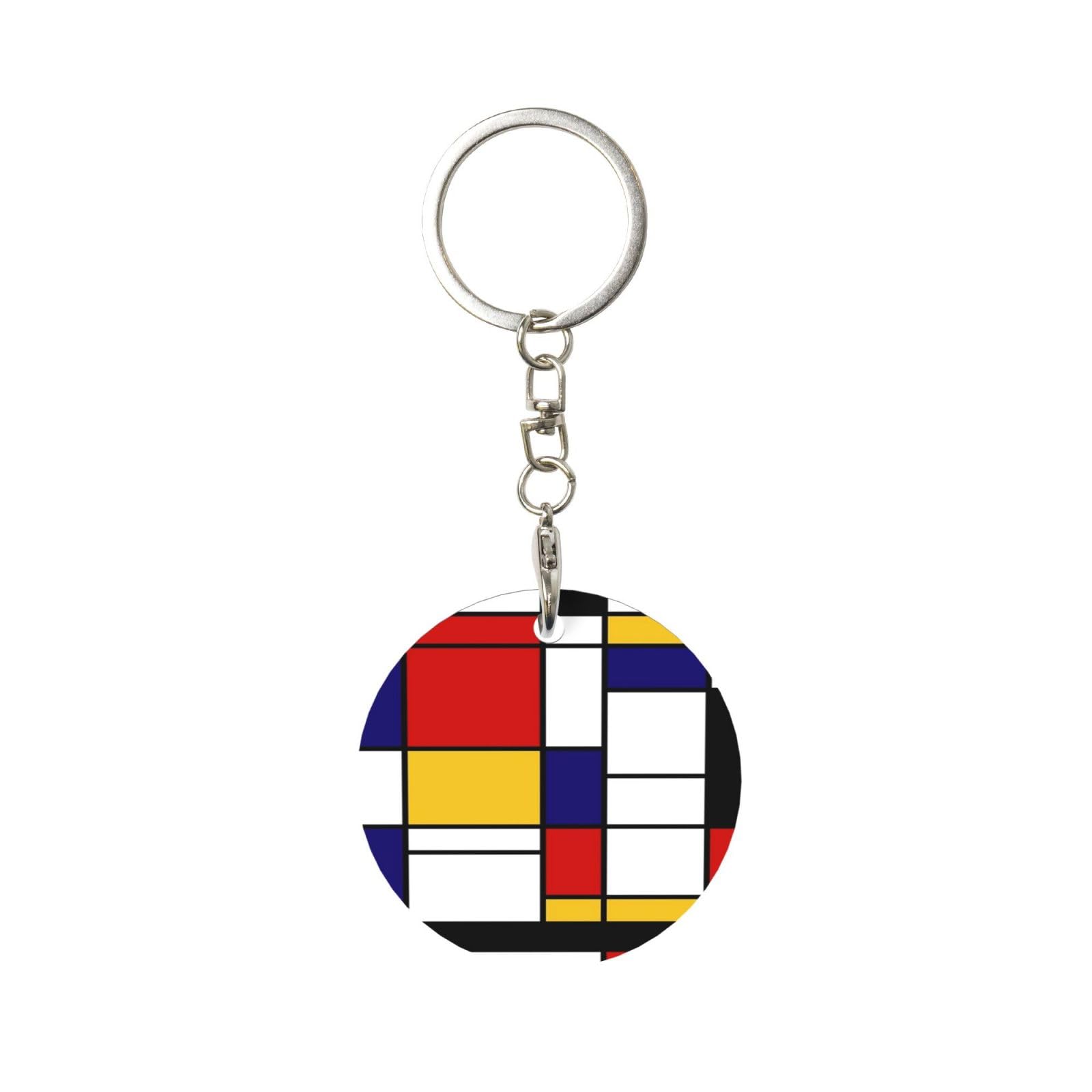 Egomed Unisex As Picture Round Metal Keychain, Metal Keychains Keyring Car Key Chain Ring Holder 1 Pc, Artistic Mondrian Style Color Composition Red