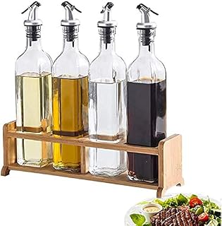 Glass Olive Oil Bottle Dispenser Set with Wood Holder Stand- 500ml Oil and Vinegar Cruet Set, Oil Vinegar Bottle Dispenser Leak-Proof Oil Bottle with Funnel