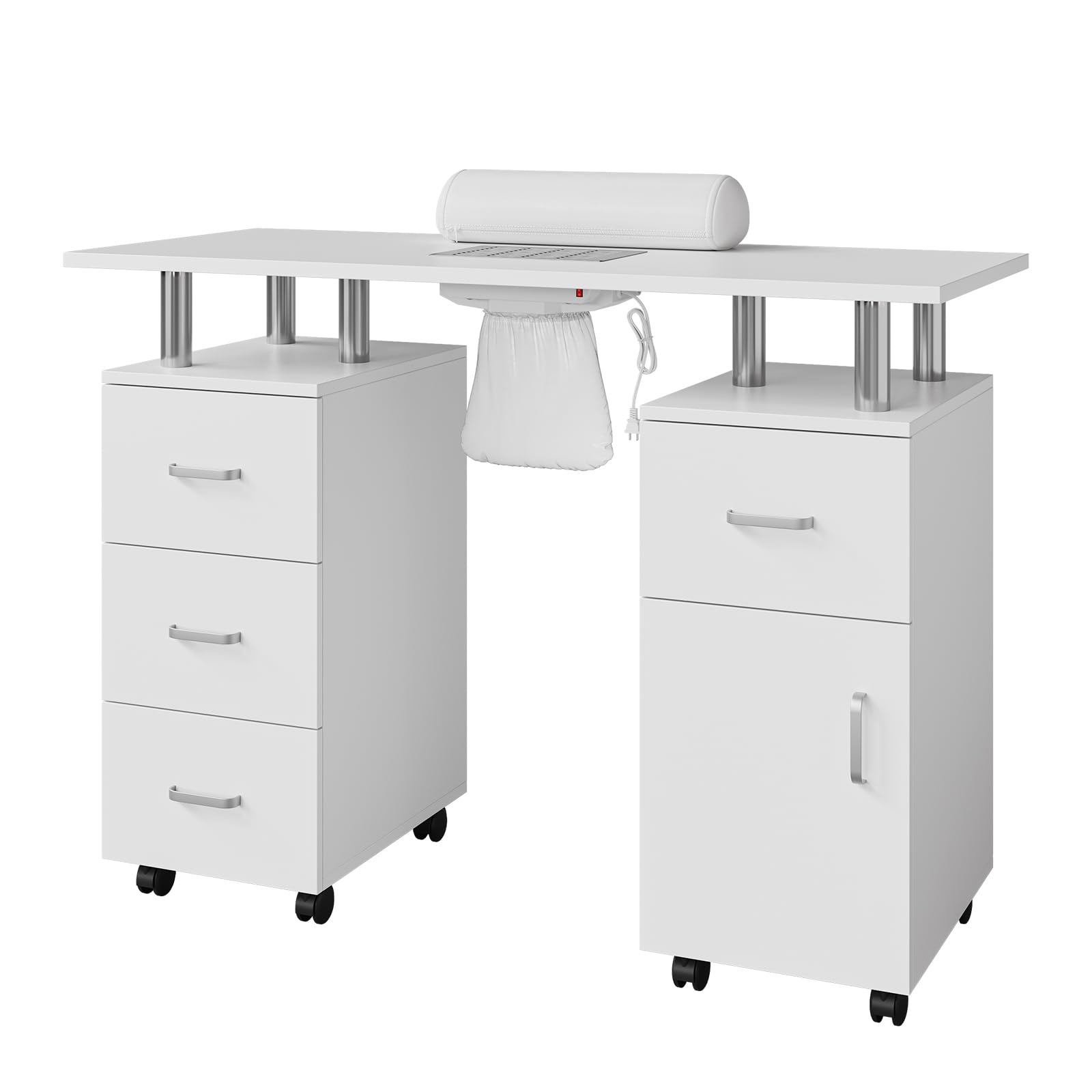 Garvee Nail Desk for Nail Tech, Manicure Table with Dust Collector and Hand Rest, Nail Station with Storage Cabinets, 4 Drawers and Lockable Wheels