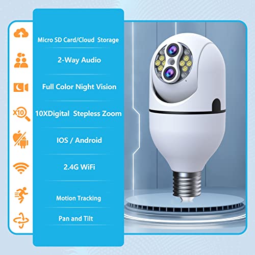 Camcamp Upgraded 10XHybrid Zoom Light Bu Lb Security Camera,Light Socket Security Camera,Dual Lens,Color Night Vision,2.4G WiFi,Siren& Light Alarm,Wireless Light Camera for Home Security,2PACK