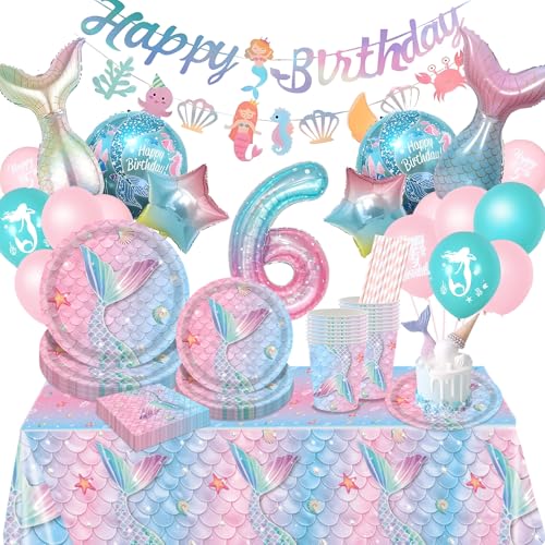 Komicea Decoración Cumpleaños Sirena 6 año, Sirena Vajilla para Fiestas, Juego de...