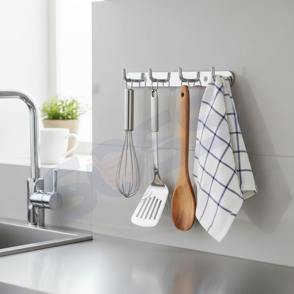 SOSSI - 4 Pin Stainless Steel Bathroom Towel Hooks Rail, Robe Hook, Wall Mounted Hook Rail for Cloth Hanger, Key Holder - Towel Hanger (Chrome Finish) (Pack of 3)