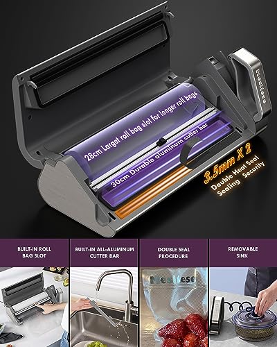 Image of Mesliese Vacuum Sealer Machine, 95kPa 140W One Hand Operation Food Sealer, Double Seal Strip with Build-in Cutter & Countdown Display, 2 Bag Rolls, 5PCS Pre-cut Bags, PULSE & Marinate Enabled