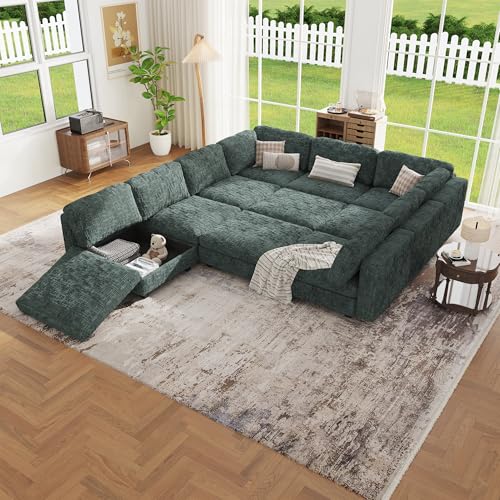 Image of Oversized Modular Sectional Chenille Sofa Bed with Hidden Storage, Comfy Modern 10 Seater Deep Seat Couch, Modular Sectional with Ottoman and Removable Cover for Living Room, Apartment, Green
