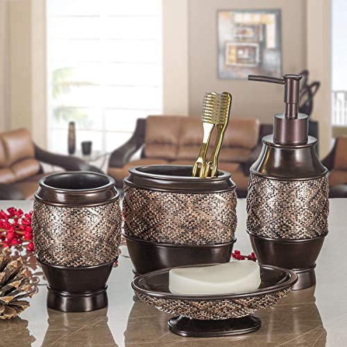 Creative Scents Dublin 6-Piece Bathroom Accessories Set, Includes Decorative Soap Dispenser, Soap Dish, Tumbler, Toothbrush Holder, Tissue Box Cover and Toilet Bowl Brush (Brown)