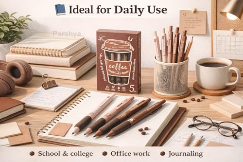 Image of KiddieWorld Coffee Theme Gel Pens Set of 5 | 0.5mm Fine Tip Blue Ink Pens | Soft Grip Smooth Writing Pens | Aesthetic Cute Stationery for Students, Office, Journaling & Gifts