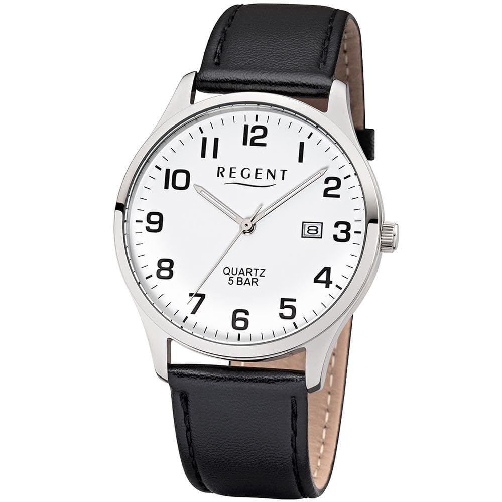 REGENT Heren analoog Shioj. VJ32 horloge met lederen armband 1110807, zilver -zwart, Riemen. : Regent