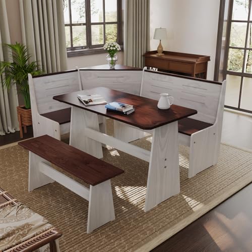 GAINUO Breakfast Nook Dining Table Set – Kitchen Nook Booth with L-Shaped Bench, Compact Corner Dining Table for Small Spaces, Corner Dining Table Set, White Brown Farmhouse Wood