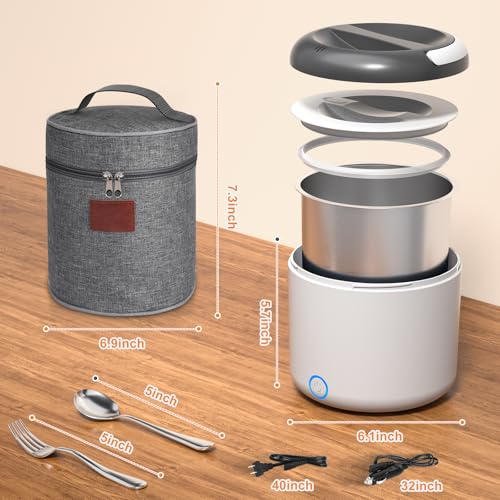 Image of Vingud Electric Lunch Box for Adults, 1.2L /41oz, 100W Fast Heated Lunch Box, 12V /24V /110V Portable Food Heater for Car /Office Work with 304 Stainless Steel Container, White Gray