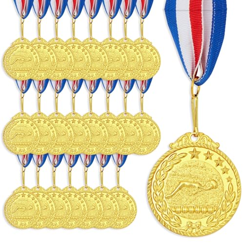 Juvale Gold Swimming Medals with Ribbons for All Ages, 2-Inch Diameter Medals with 15-Inch Ribbon Loops – Perfect for Awards, Swimming Competitions, Events, and Recognition Ceremonies - 24 Pack
