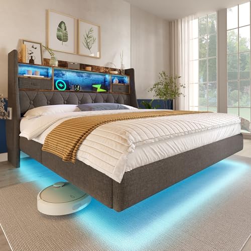 Polsterbett Doppelbett 180x200 cm, Schwebebett Jugendbett mit LED-Beleuchtung, Stauraum-Kopfteil und USB Type-C Ladestation, Funktionsbett Bettgestell mit Holz Lattenrost, Leinen, Ohne Matratze, Grau Polsterbett Doppelbett 180x200 cm, Schwebebett Jugendbett mit LED-Beleuchtung, Stauraum-Kopfteil und USB Type-C Ladestation, Funktionsbett Bettgestell mit Holz Lattenrost, Leinen, Ohne Matratze, Grau