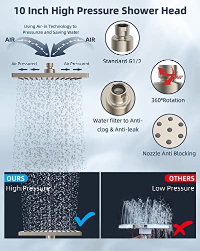 Hibbent Metal Shower Head, 10'' High Pressure Rainfall Shower Head/Handheld Showerhead Combo With 12'' Adjustable Shower Extension Arm, 7-Spray, 71'' Hose, Showerhead Holder, Brushed Nickel #TOP2