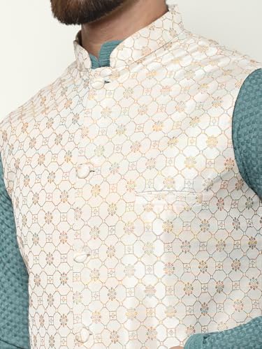 Image of SOJANYA (Since 1958 Men's Cotton Linen Maroon Kurta and White Pyjama with Mustard Cotton Nehru Jacket