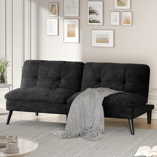 Shintenchi Futon Sofa Bed Foldable Small Velvet Couch Bed with Adjustable Recliner Space Saving 2 in 1 Sofa for Living Room Apartment or Guest Room Black