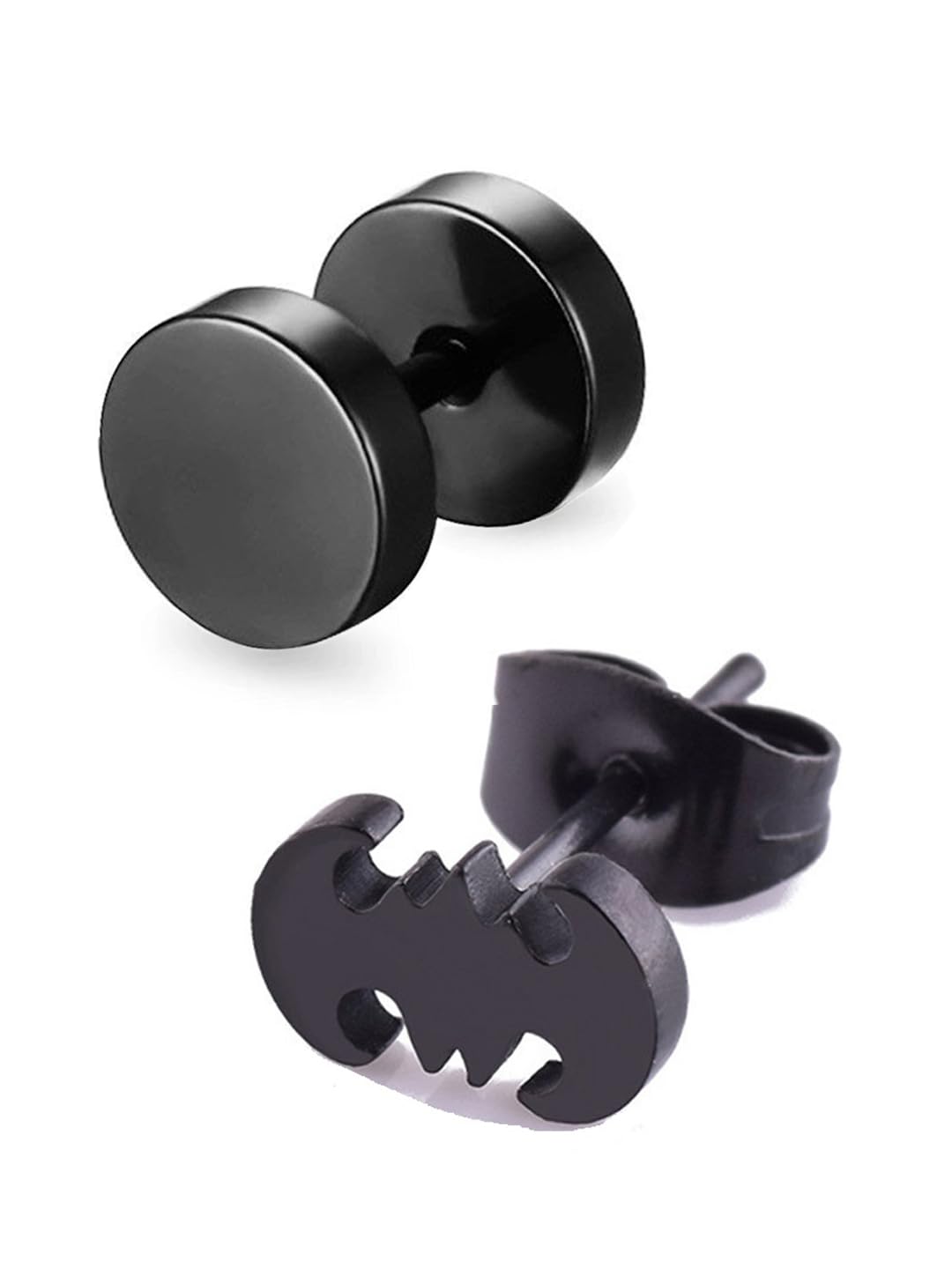 oomph Jewellery Combo of 2 Single Piece of Black DumbBell & Bat Animal Stainless Steel Small Stud Earring for Men & Boys (EFQ2EFQ12_Z3)- For Men & Boys Stylish Latest-picture-31