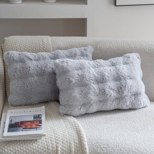 Amazon.com: Neelvin Gray Faux Fur Pillow Covers Set of 2, Luxury Soft ...
