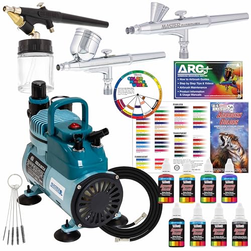 3 Master Airbrush Professional Acrylic Paint Airbrushing System Kit with Powerful Cool Running Air Compressor - 6 U.S. Art Supply Primary Opaque Paint Colors Set - Gravity and Siphon Feed Airbrushes