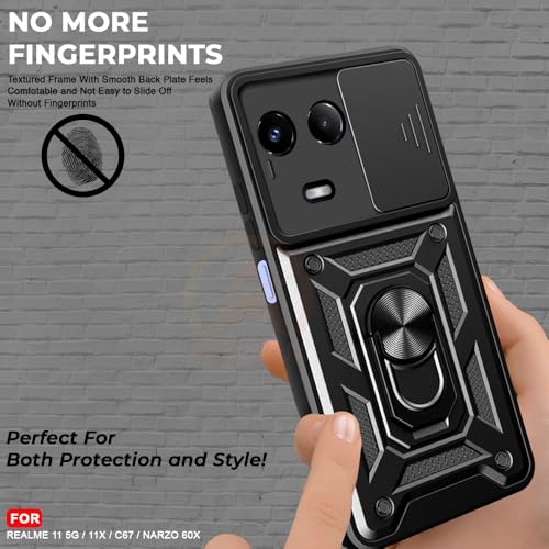 Image of Armor Bumper Back Cover Case for Realme 11 5G / 11X / C67 / Narzo 60X Rotating Camera Cover, Ring Holder & Kickstand | Heavy Duty & 360 Degree Protection Back Cover (Black)