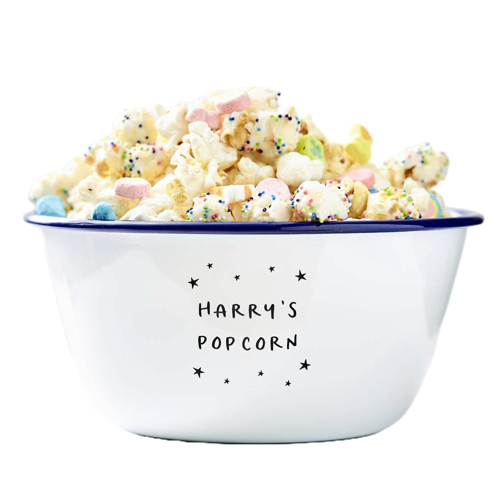 Little Stars Personalised Popcorn Bowl/Enamel Steel Construction/Children's Birthday Gift/Gift for Children (Large Bowl, Star Design, Blue Rim)