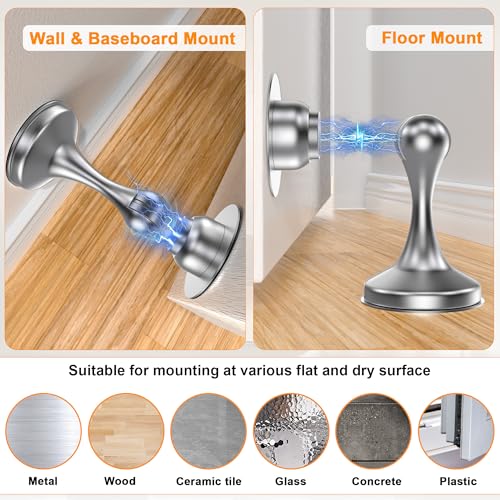 Image of Crosize Magnetic Door Stoppers 2 Pack, Stainless Steel Door Stops for Wall and Floor Mounting, Door Holder Keep Door Open, No Drilling Door Stop with Adhesive Tapes, Silver