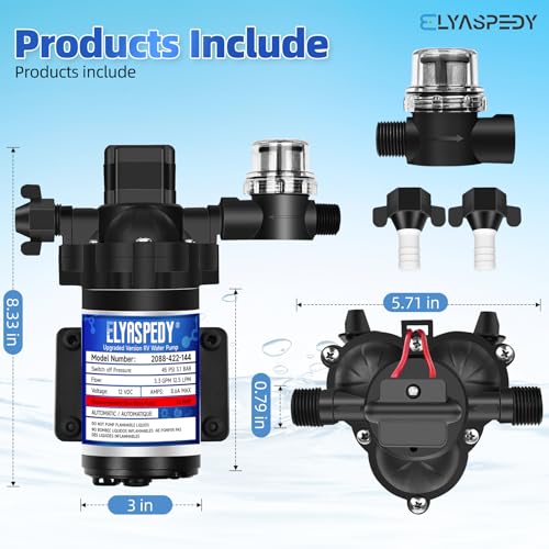 Image of Elyaspedy 2026 Upgraded 2088-422-144 RV Fresh Water Pump,12V 3.3GPM Self-Priming Diaphragm Water Pump,45PSI,Includes Pressure Switch and Detachable Filters,No Noise, for RV, Marine, Yacht, Caravan