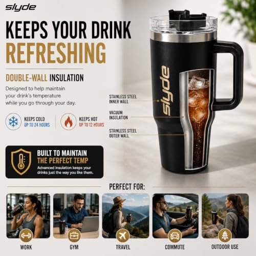 Image of Slyde 1200ml Stainless Steel Insulated Tumbler with Handle | Double Wall Vacuum Travel Mug | Leakproof Lid | Includes 2 Straws (1 Stainless Steel & 1 Plastic) | BPA Free Black
