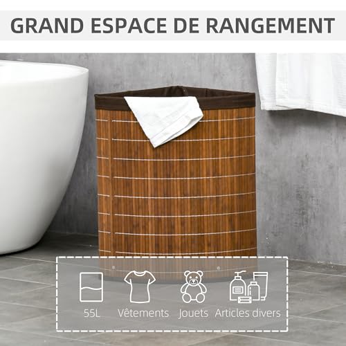 Panier à linge en bambou d'angle 55L marron pour optimiser l'espace - 4