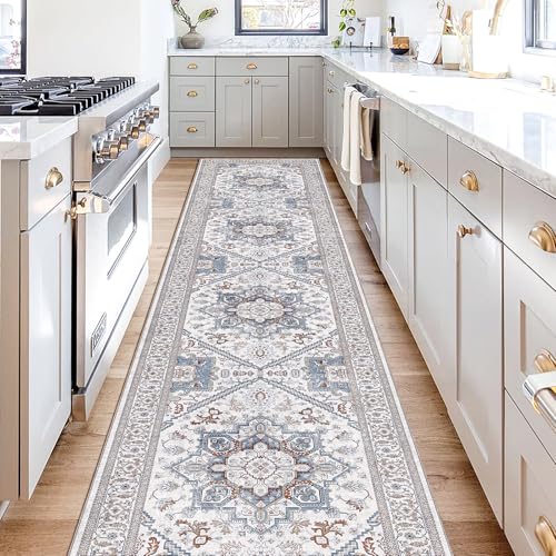 OPPODREAM Soft Entryway Rug 2x10, 2x10 Rug Runner, Neutral Washable Hallways Carpet 2 x 10 with Non Slip Backing, Low-Pile Bedside Carpet 2 x 10, Long, Faux Cashmere, Cream White & Blue & Light Brown