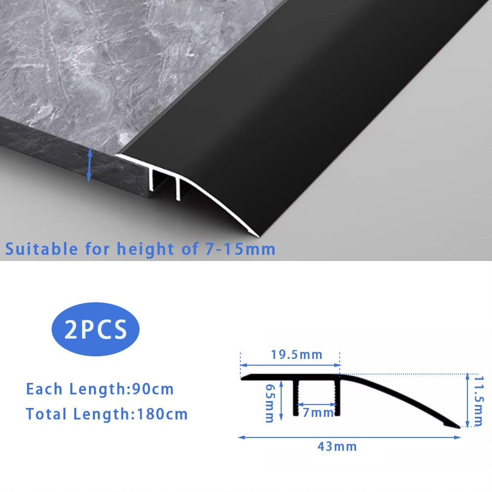 2 Pack Aluminum Floor Transition Strip Door Bar,Floor Bar for Doorways Threshold Ramp Tile Laminate Planks,Bridge The Height Between 6-12mm(Black,0.9m × 4.3cm) - Image 2