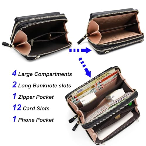 Image of Women Leather Wallet Crossbody Shoulder Bag with Double Zipper and Mobile Phone Purse with Shoulder Strap