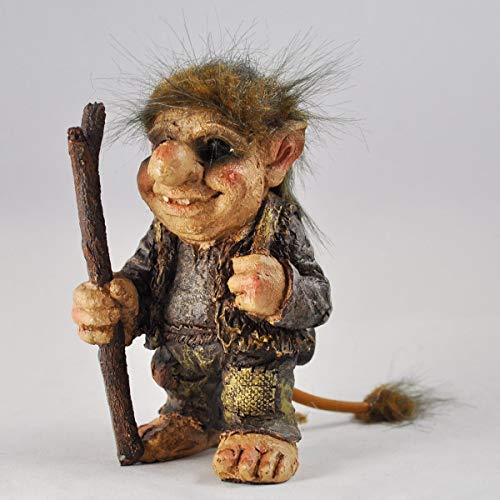 Petite sculpture fantaisie Troll avec bâton de marche, 13 cm de hauteur, idéale pour la décoration de la maison