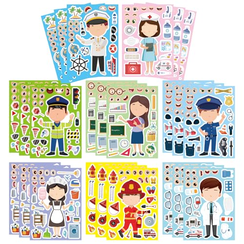 Image of Educational Stickers, Make Your Own Occupation Post Stickers for Boys Girls | Make Your Own Stickers with 8 Designs of Firefighter Doctor Policeman Teacher Sticker, Birthday Gift Craft Party Favor