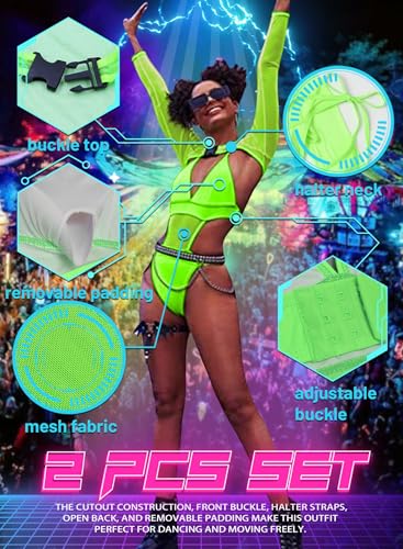 Rave Outfits for Women - EDC Festival Neon Bodysuit Concert Swimsuit Mesh Buckle Crop Top Club Party 2 Pcs Set3