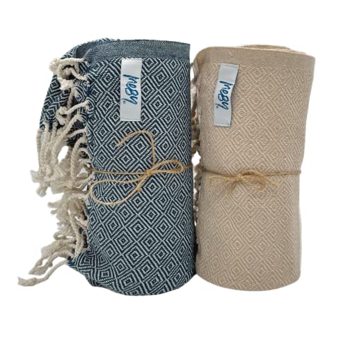 MEBY Set of 2 XXL Large 90 x 180 cm 100% Cotton Turkish Beach Towels - Blue Geometric Pattern - Image 3