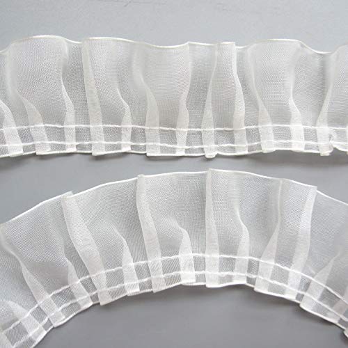 10 Yard Pleated Organza Gathered Ruffle Lace Edge Trim Ribbon White Trimming Fabric Embroidered Applique Sewing Craft Wedding Bridal Dress Embellishment Party Clothes Decoration Extender (45mm)