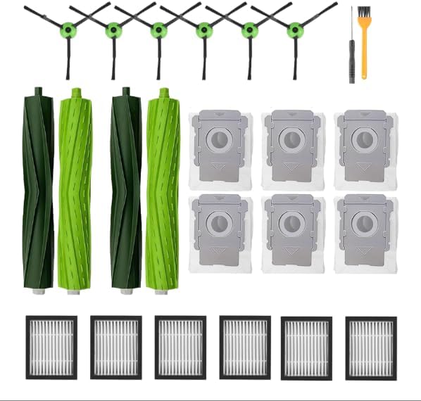 22 Replacement Parts Compatible with iRobot Roomba i7 i7+ i3 i3+ i4 i4+ i5 i5+ i6 i6+ i8 i8+ i1 i1+ i2,E5 E6 E7,j5 j6 j7 j8 Robot Vacuum,2 Set Rubber Brushes 6 Filters 6 Side Brushes 6 Bags