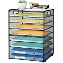 SUBEKYU 9 Tier Paper Organizer for Desk - Black Metal Mesh Letter Tray File Paper Sorter Organizer Include 6 Pcs Adjustable Height Slid Tray with Handles for Office School Home Organization Storage