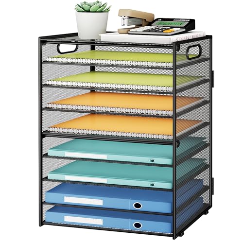 SUBEKYU 9 Tier Paper Organizer for Desk - Black Metal Mesh Letter Tray File Paper Sorter Organizer Include 6 Pcs Adjustable Height Slid Tray with Handles for Office School Home Organization Storage