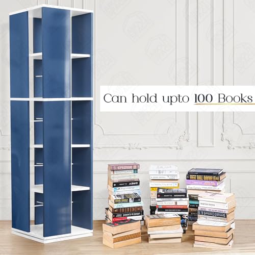 Image of ABOUT SPACE Rotating Book Shelf for Home Library - 5 Tier 360 Book Rack | Semi UV Gloss Laminate DIY Engineered Wood Book Stand with Partition & Bottom Turnplate (Blue & White L 38 x B 38 x H 150 cm)