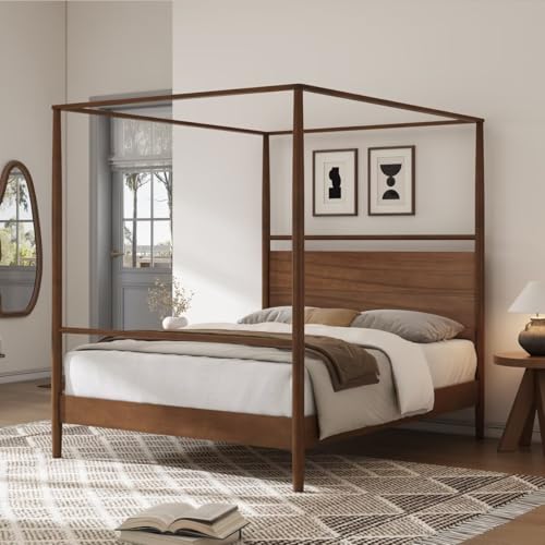 Solid Wood Canopy Bed Frame Four Posters Bed No Box Spring Needed,Queen Size,Walnut