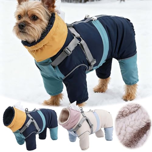 Hunde Wintermantel Winter-Schneeanzug mit Geschirr, Warmer, mit Fleece gefütterter Overall,Vierbeinmantel für kleine, mittelgroße und große Hunde, Kleidung für kaltes Wetter verstellbarem (Blue, M)