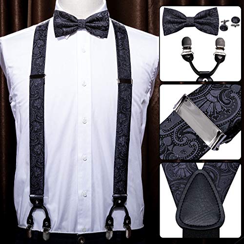 Image of YOHOWA Men Suspenders 6 Clips Strength Adjustable Y Braces Pre-Tied Bow Tie Set Formal Wedding Party