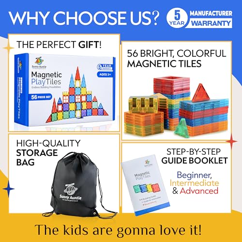 SUNNY AUNTIE Magnetic Tiles 56 PCS Building Set – Magnetic Building Tiles STEM Toy for Kids & Toddlers Ages 3-8, Magnet Construction Set for Boys & Girls - Image 2