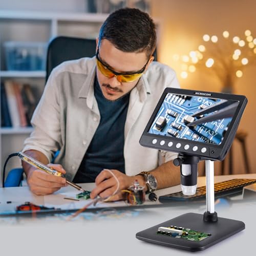 Image of 7 Inch 1080P Digital Microscope,1200X Magnification,8 LED Lights,32GB TF Card Included, Rechargeable Battery, Handheld USB Microscope Camera for PCB Repair,Soldering, Coin,Stamp,Jewelry Inspection
