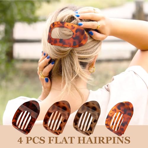 Yeomju Pack of 4 Tortoiseshell Leopard Flat Hair Clips for Women Comfortable Round Lay Down Claw Clip for Thick and Thin Hair - Image 3