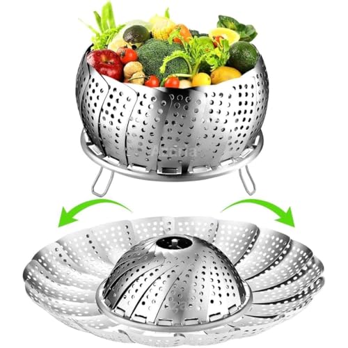 Image of Vegetable Steamer Basket, Premium Stainless Steel Veggie Steamer Basket - Folding Expandable Steamers to Fits Various Size Pot (Silver)
